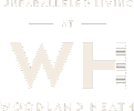 A black and white logo for Unparalleled Living at Woodland Heath.